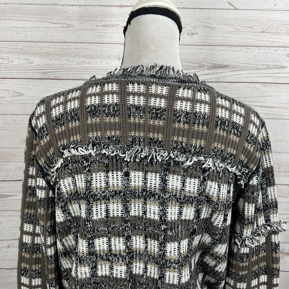 CAbi # 4097 Classic Cardigan Sweater Size Medium Brown Plaid Open Front Fringe - Picture 7 of 10